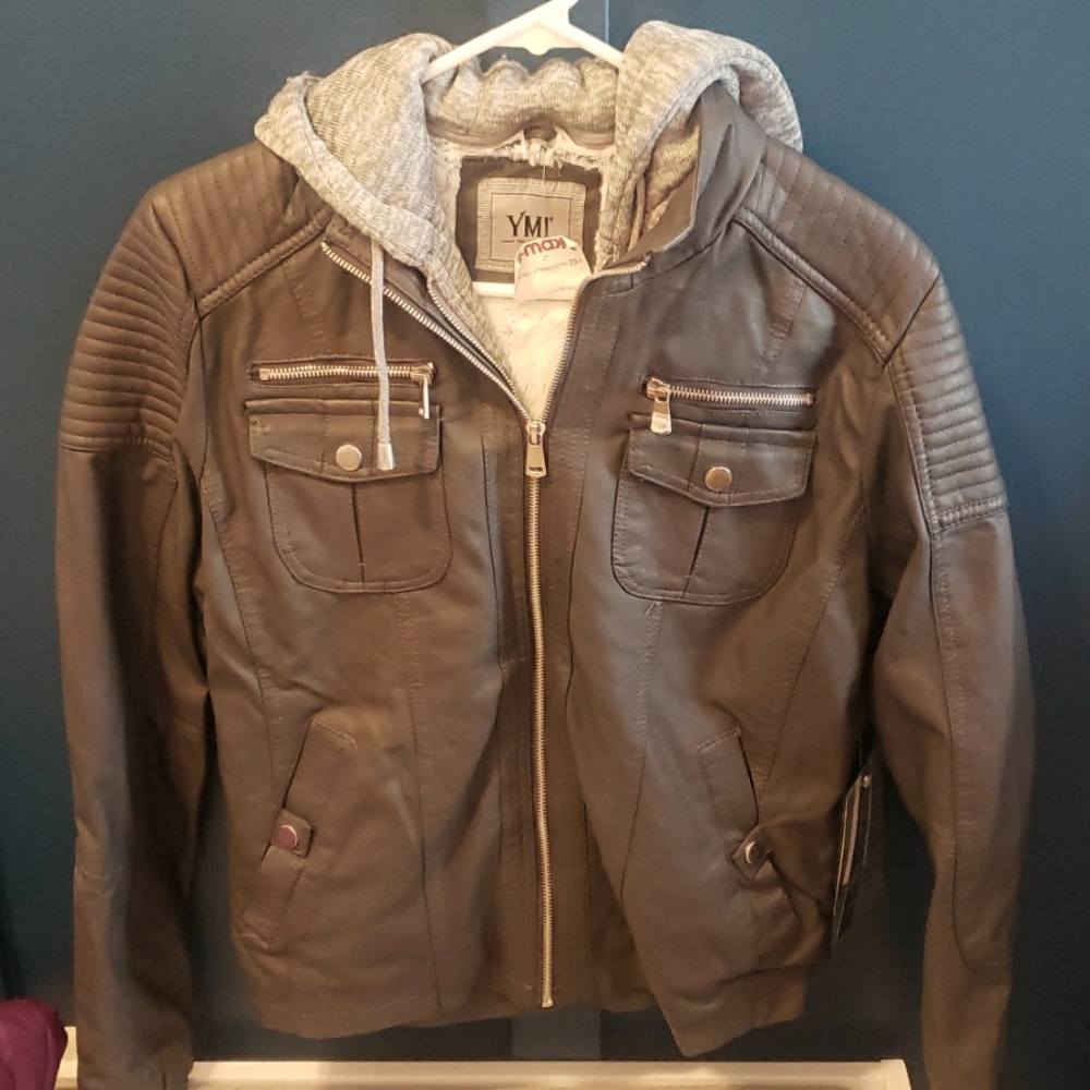 YMI Ladies Grey size Large faux leather Jacket with  hoodie